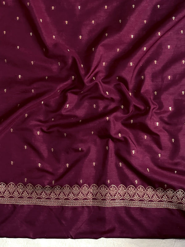 Banarasee Handwoven Semi Katan Saree With Sona Rupa Zari Buta Design Border & Lace-Wine