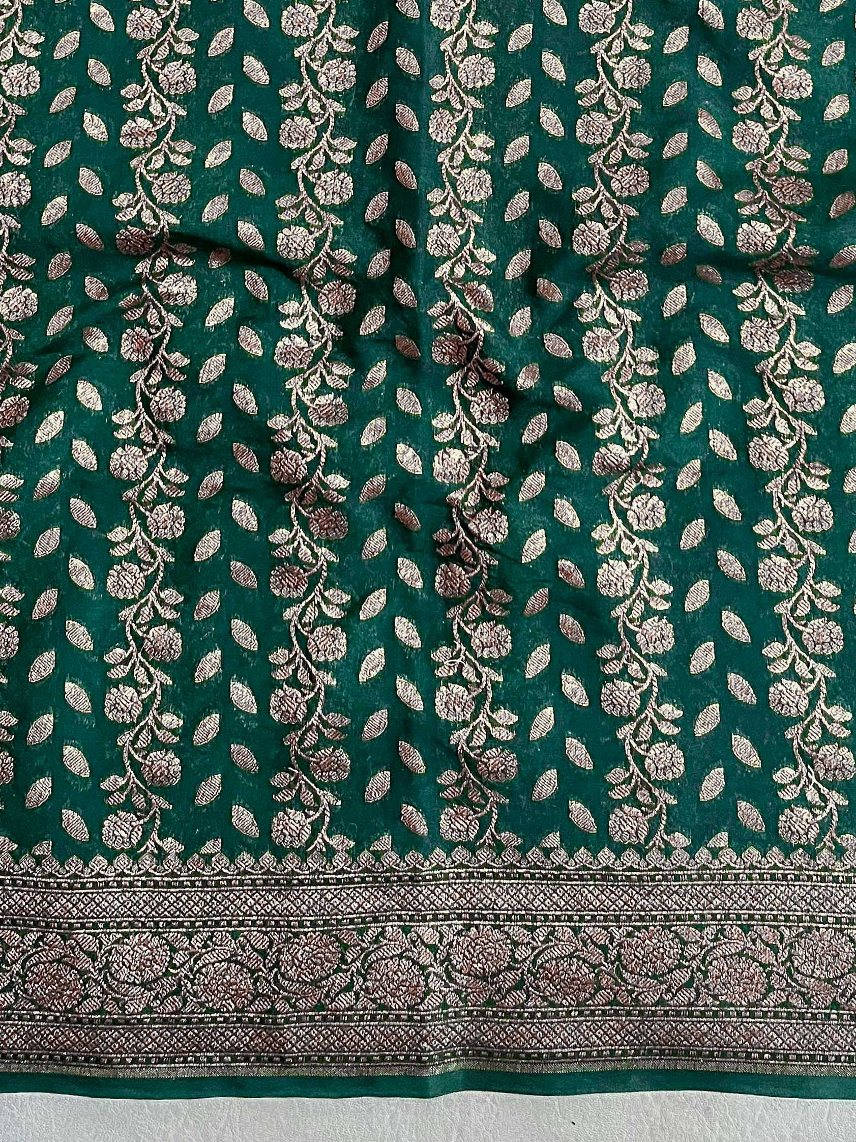 Banarasee Semi-Chiffon Antique Zari Saree With Floral Border-Deep Green