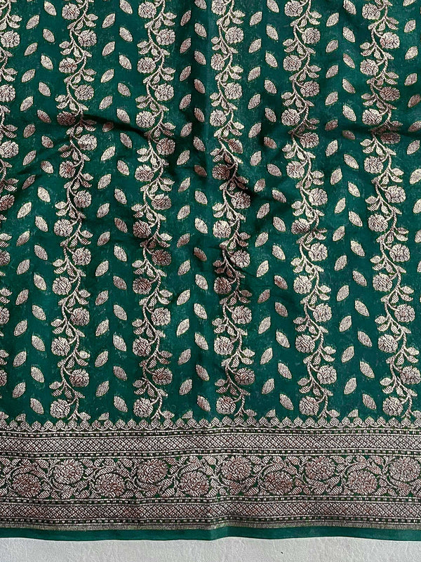 Banarasee Semi-Chiffon Antique Zari Saree With Floral Border-Deep Green