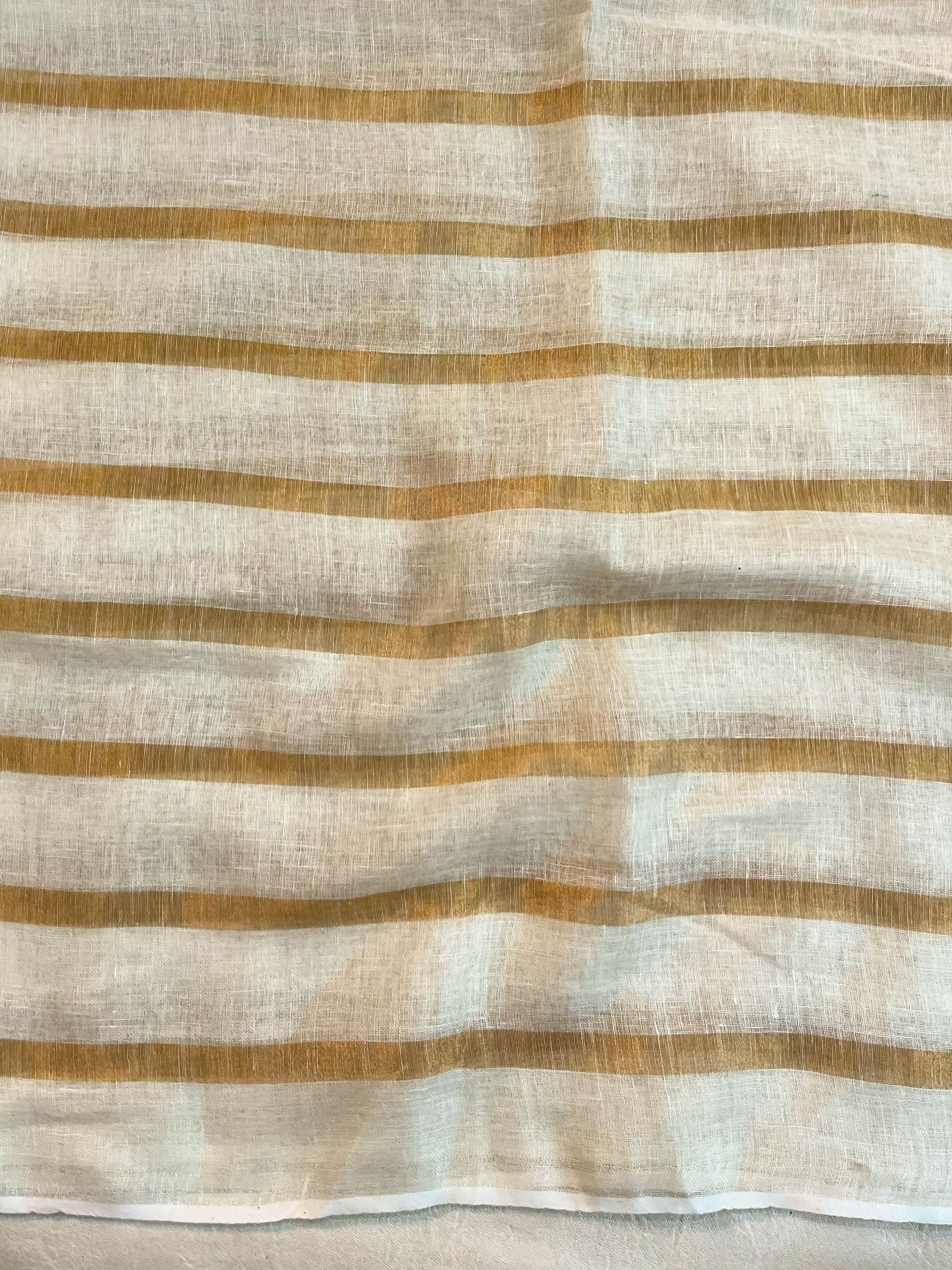 Banarasee Pure Linen Saree With Gold Stripes Design-White & Gold