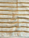 Banarasee Pure Linen Saree With Gold Stripes Design-White & Gold