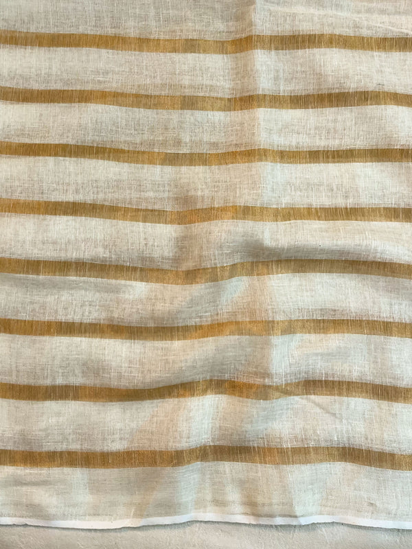 Banarasee Pure Linen Saree With Gold Stripes Design-White & Gold