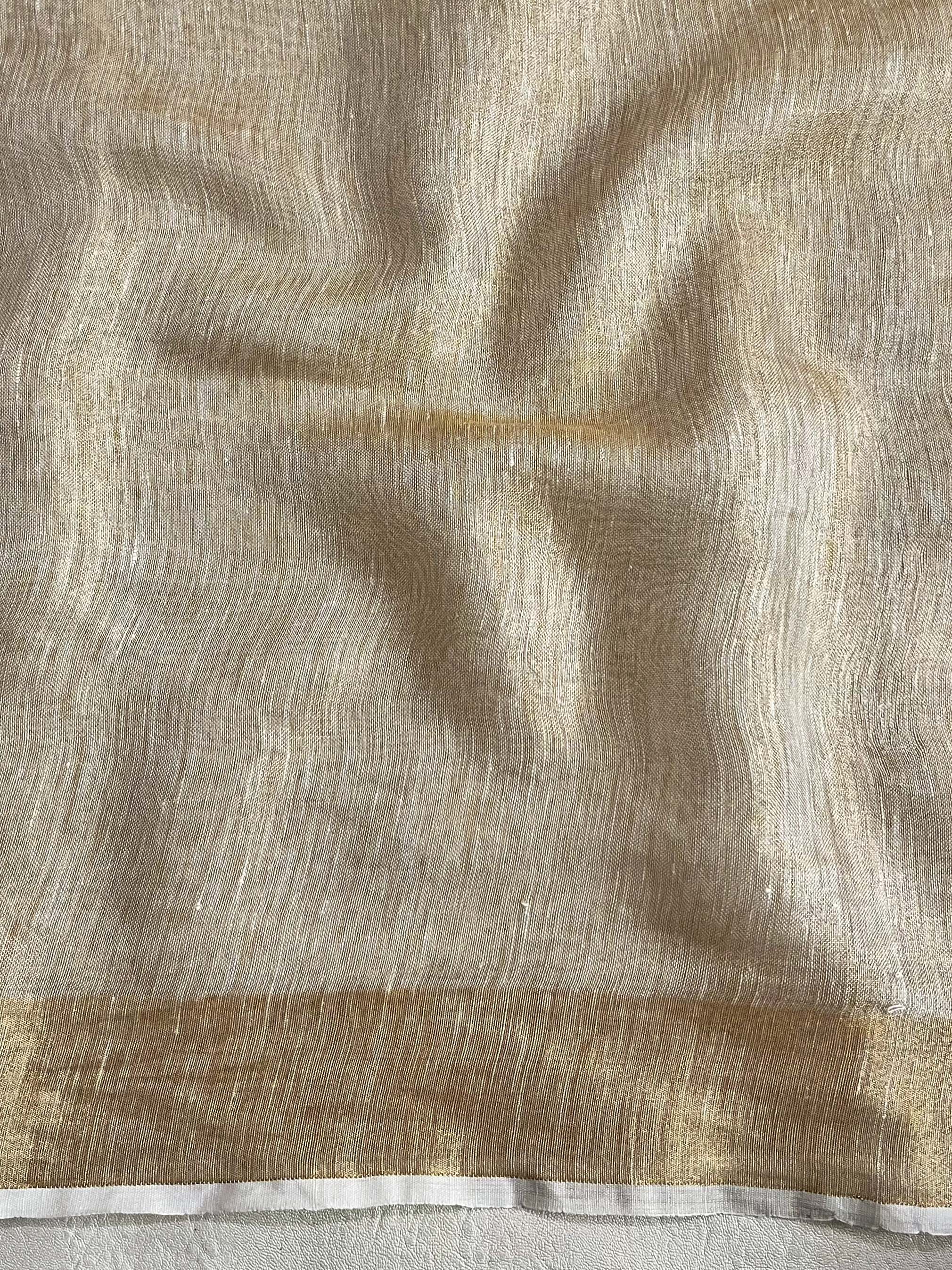 Bhagalpuri Handloom Pure Linen Floral Embroidered Saree-Beige
