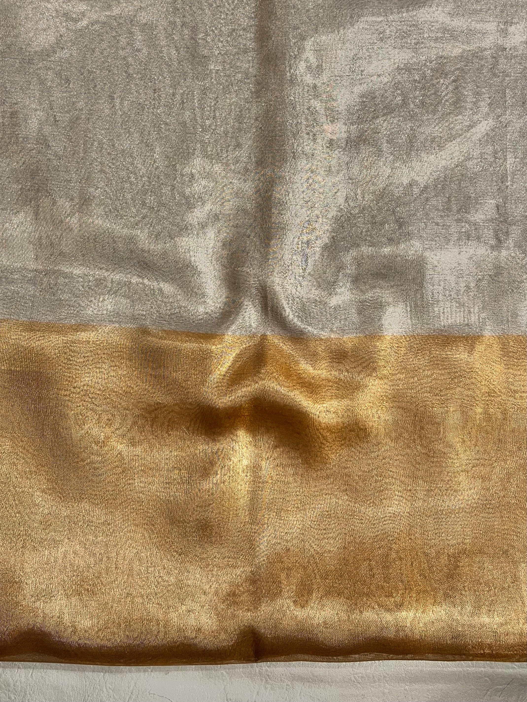 Banarasee Linen Tissue Metallic Shine Saree-Silver & Golden Yellow