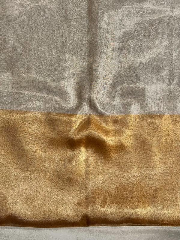 Banarasee Linen Tissue Metallic Shine Saree-Silver & Golden Yellow