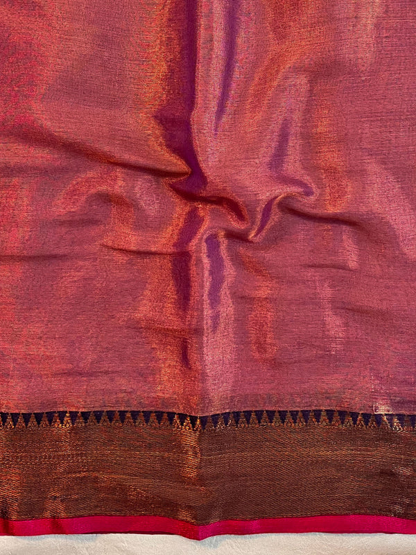Banarasee Dual Shaded Linen Tissue Saree With Zari Border-Pink