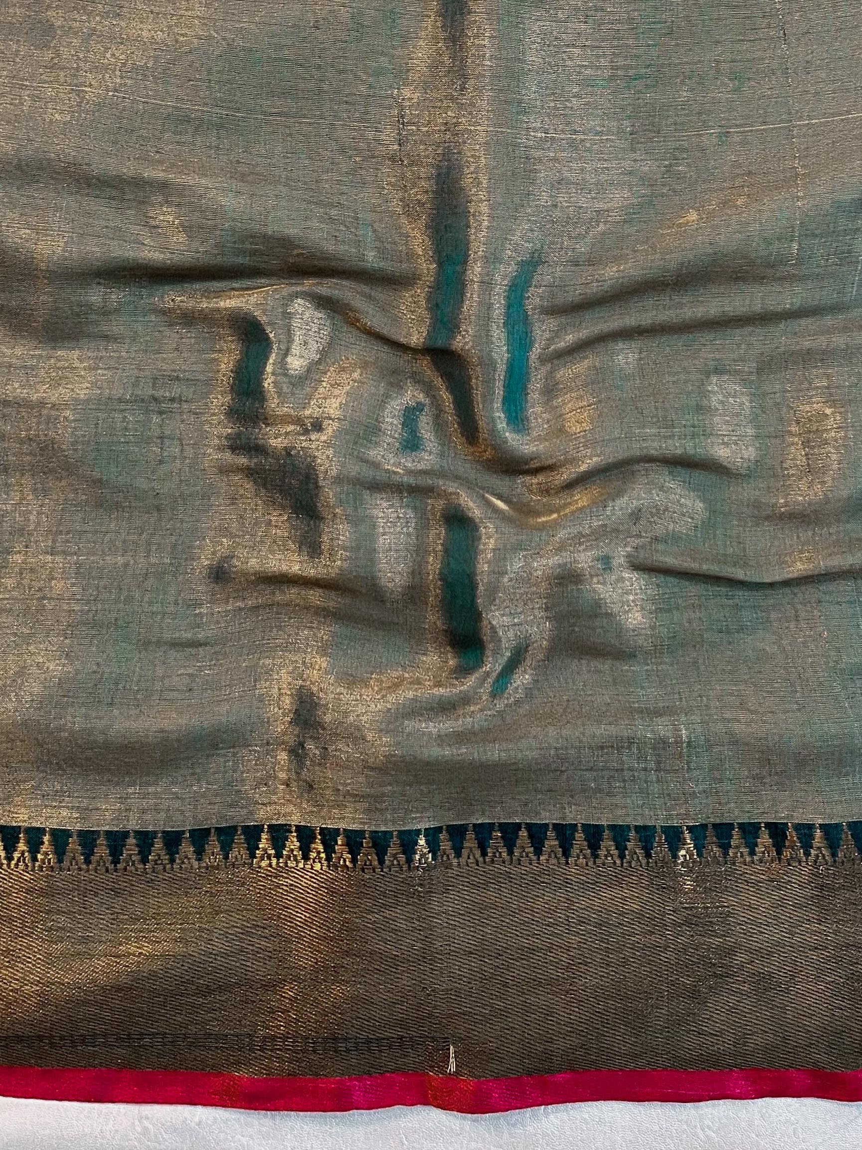 Banarasee Dual Shaded Linen Tissue Saree With Zari Border-Leaf Green