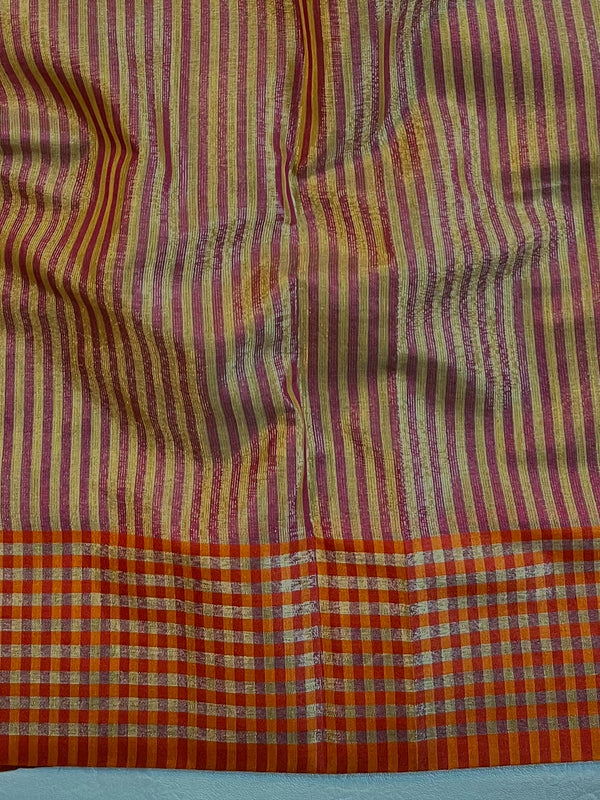 Banarasee Handwoven Tissue Saree With Hand Brush Paint Floral Design & Contrast Border-Yellow