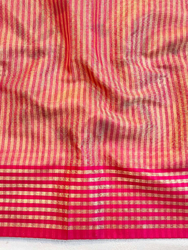 Banarasee Handwoven Tissue Saree With Hand Brush Paint Floral Design & Contrast Border-Peach
