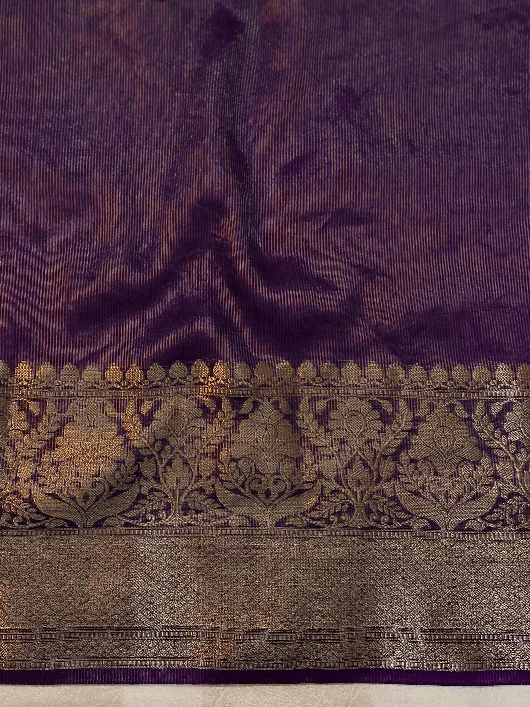 Banarasee Handwoven Pure Linen Saree With Broad Zari Border-Purple