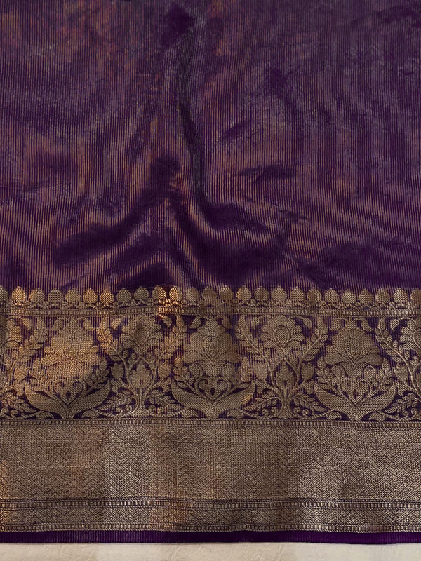 Banarasee Handwoven Pure Linen Saree With Broad Zari Border-Purple