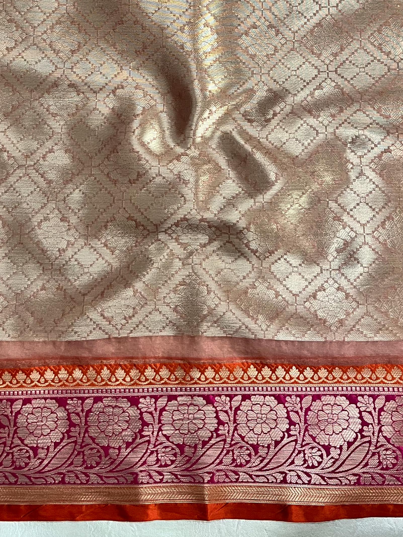 Banarasee Organza Mix Saree With Zari Jaal Design & Contrast Border-Peach & Pink