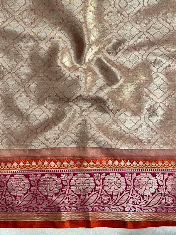Banarasee Organza Mix Saree With Zari Jaal Design & Contrast Border-Peach & Pink