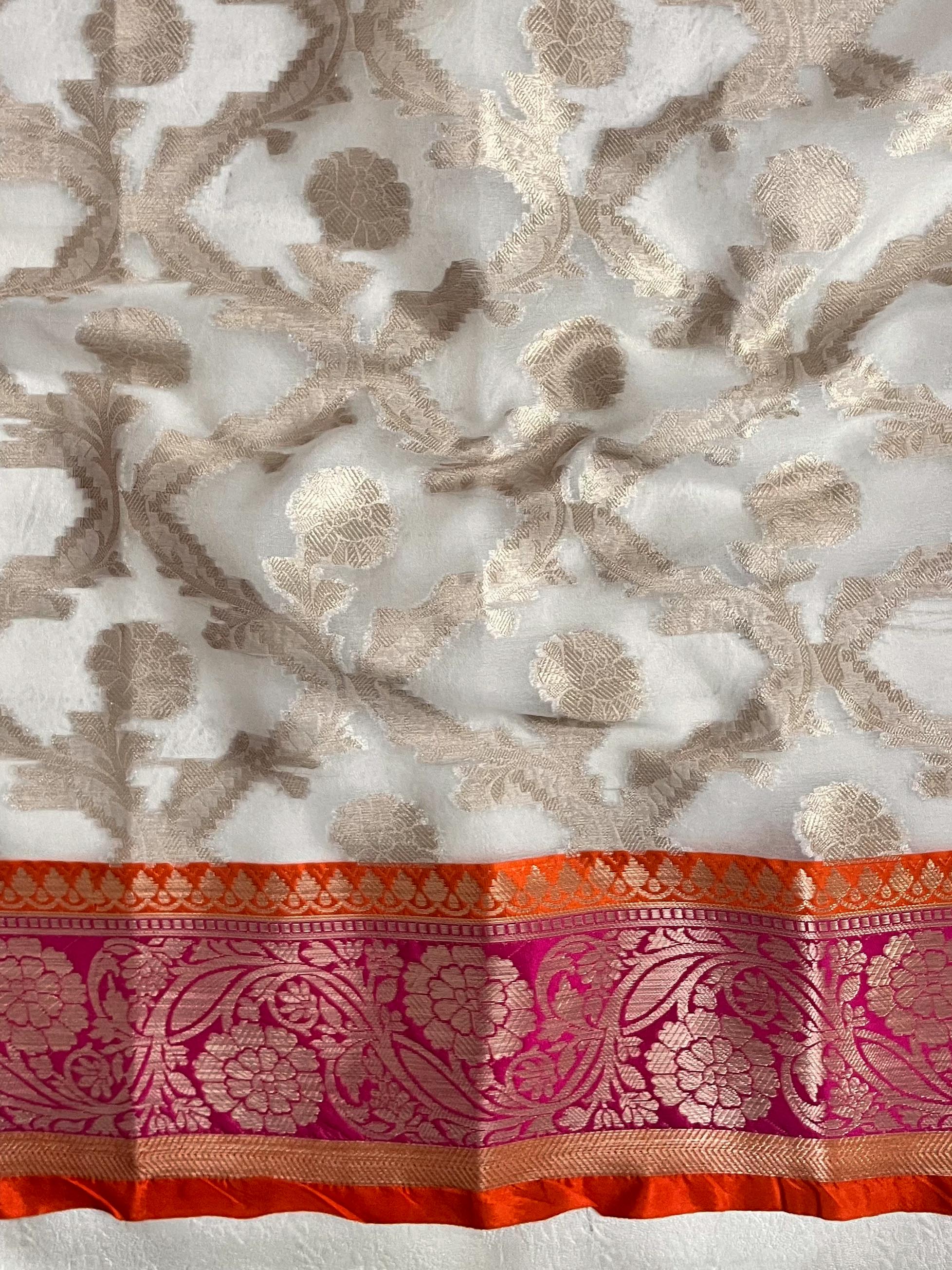 Banarasee Organza Mix Saree With Zari Jaal Design & Contrast Border-Silver & Pink