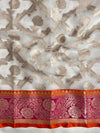 Banarasee Organza Mix Saree With Zari Jaal Design & Contrast Border-Silver & Pink