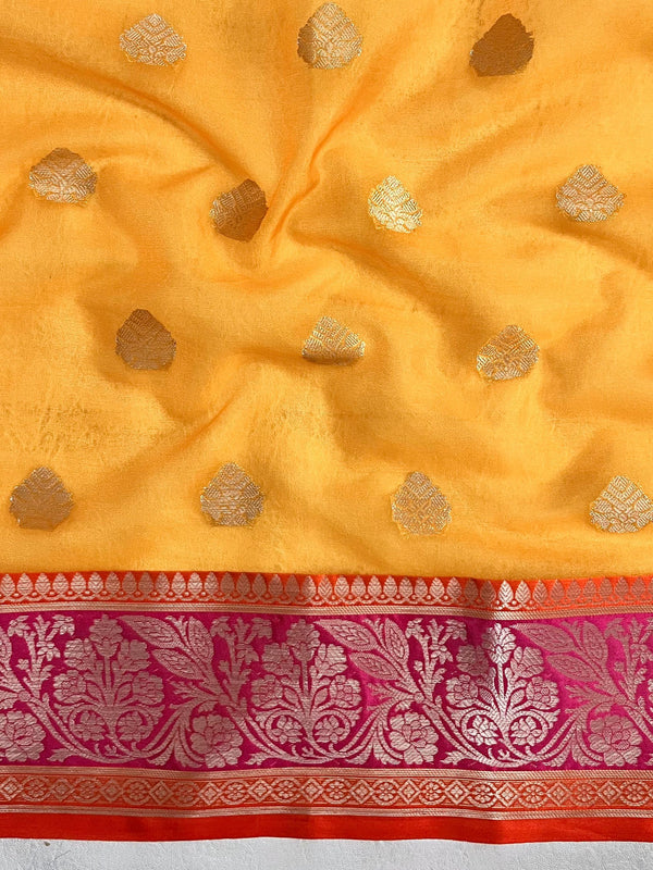 Banarasee Organza Mix Saree With Zari Buta Design & Contrast Border-Yellow & Pink