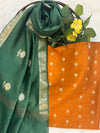 Banarasee Handloom Pure Silk Zari Buti Salwar Kameez Fabric With Dupatta-Orange & Green