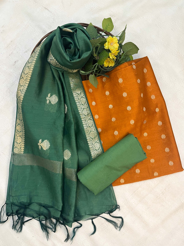 Banarasee Handloom Pure Silk Zari Buti Salwar Kameez Fabric With Dupatta-Orange & Green