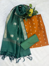 Banarasee Handloom Pure Silk Zari Buti Salwar Kameez Fabric With Dupatta-Orange & Green