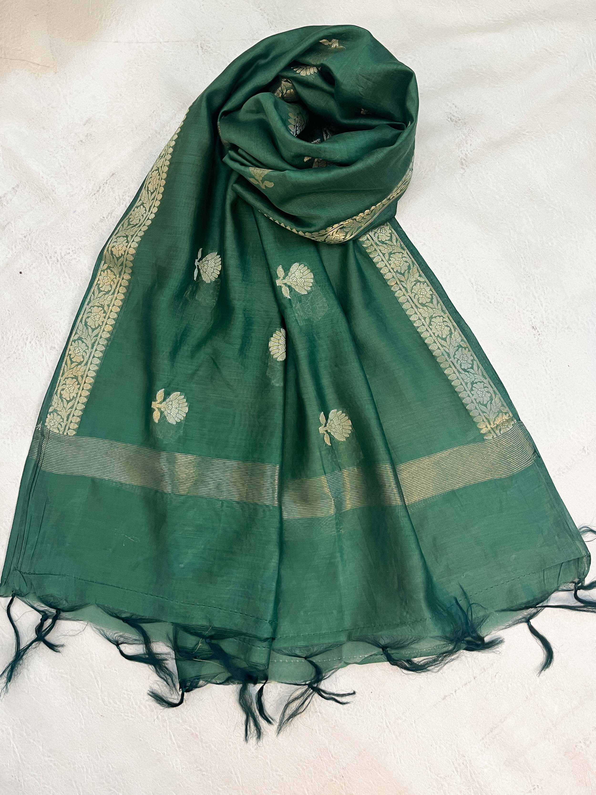 Banarasee Handloom Pure Silk Zari Buti Salwar Kameez Fabric With Dupatta-Orange & Green