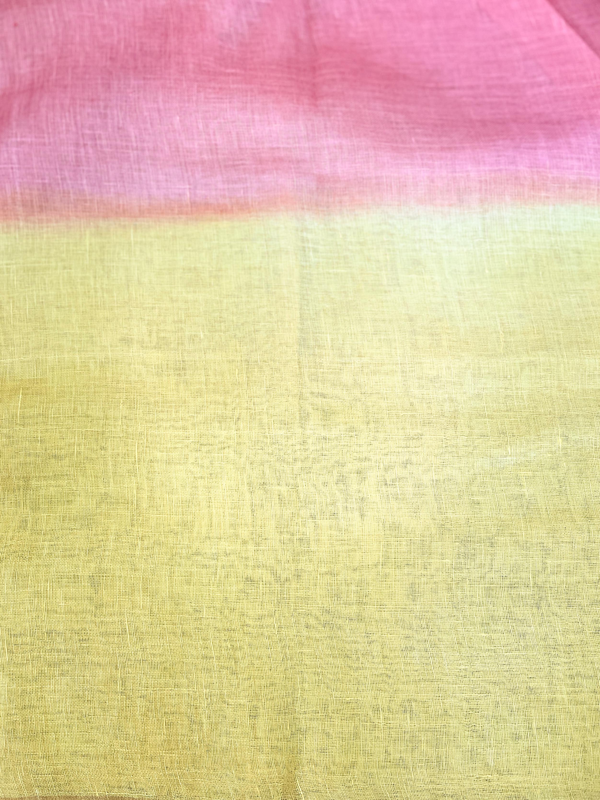 Banarasee Handloom Pure Linen Shine Saree-Yellow & Pink