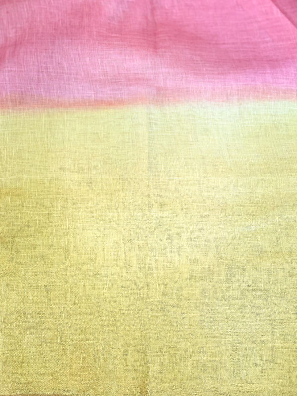 Banarasee Handloom Pure Linen Shine Saree-Yellow & Pink