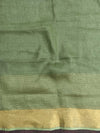 Banarasee Handloom Pure Linen Saree With Gold Zari Border-Green (Dual Tone)