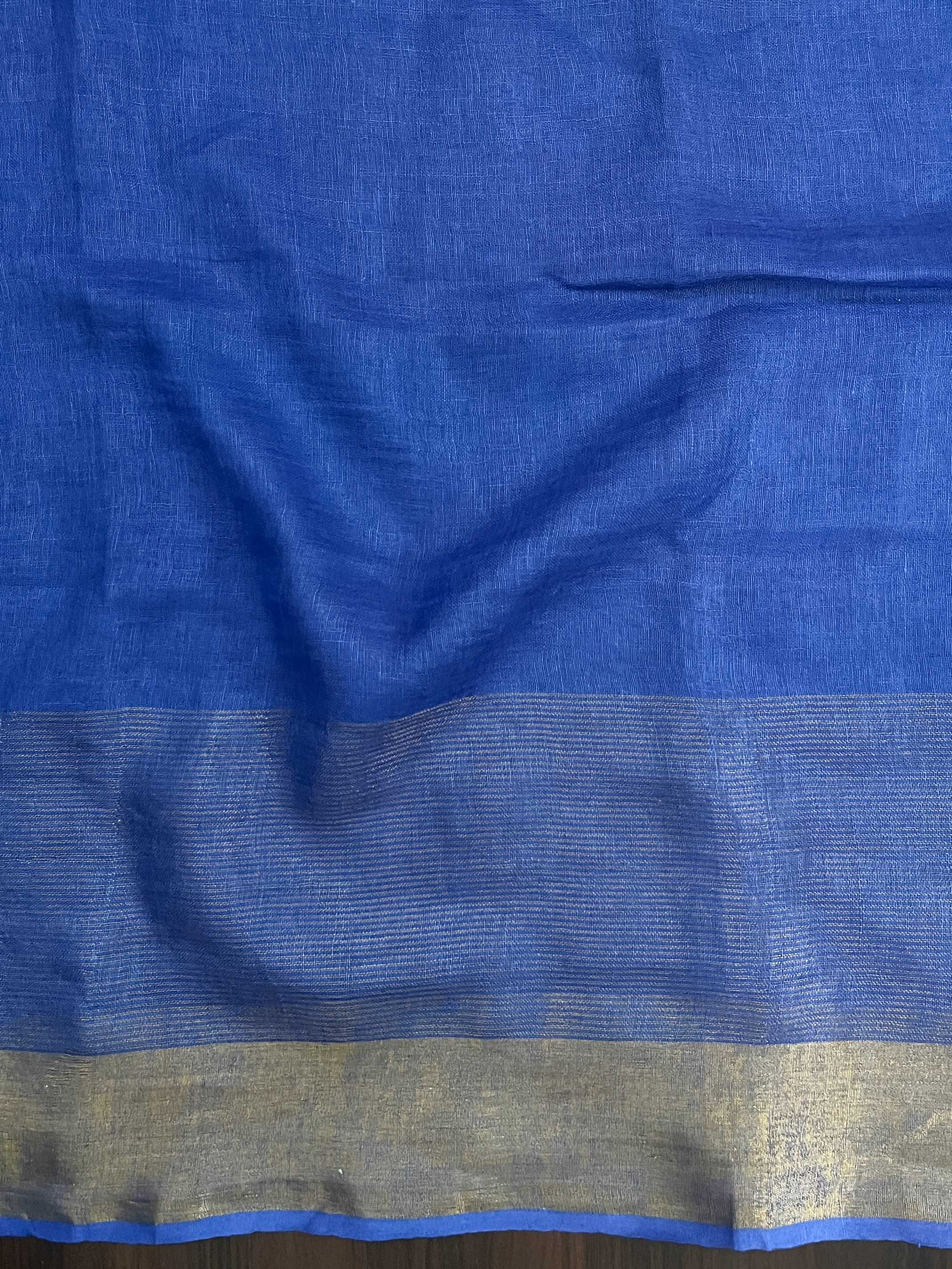 Banarasee Handloom Pure Linen Saree With Gold Zari Border-Multicolor