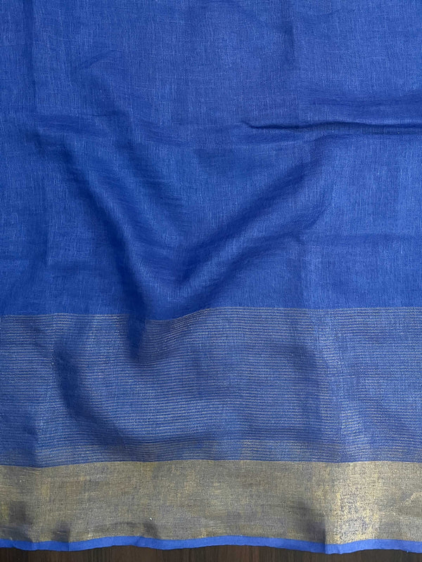 Banarasee Handloom Pure Linen Saree With Gold Zari Border-Multicolor