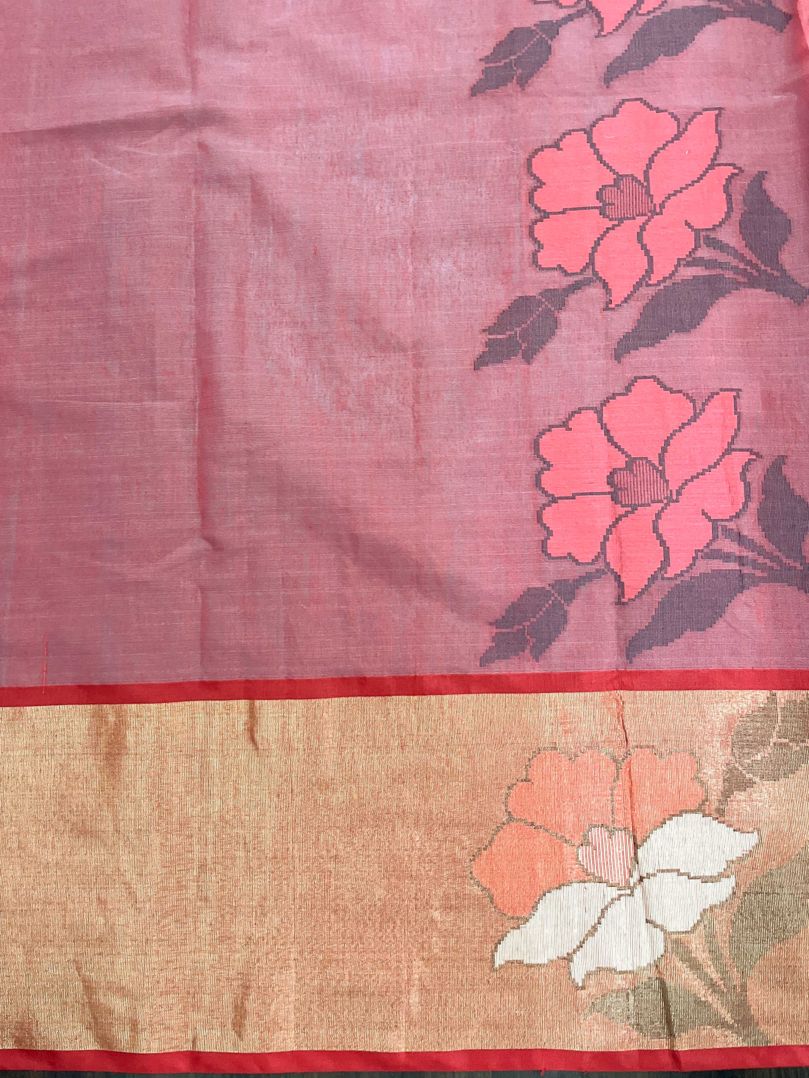 Banarasee Cotton Silk Saree With Resham Work & Tissue Border-White & Red