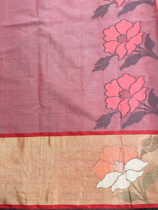 Banarasee Cotton Silk Saree With Resham Work & Tissue Border-White & Red