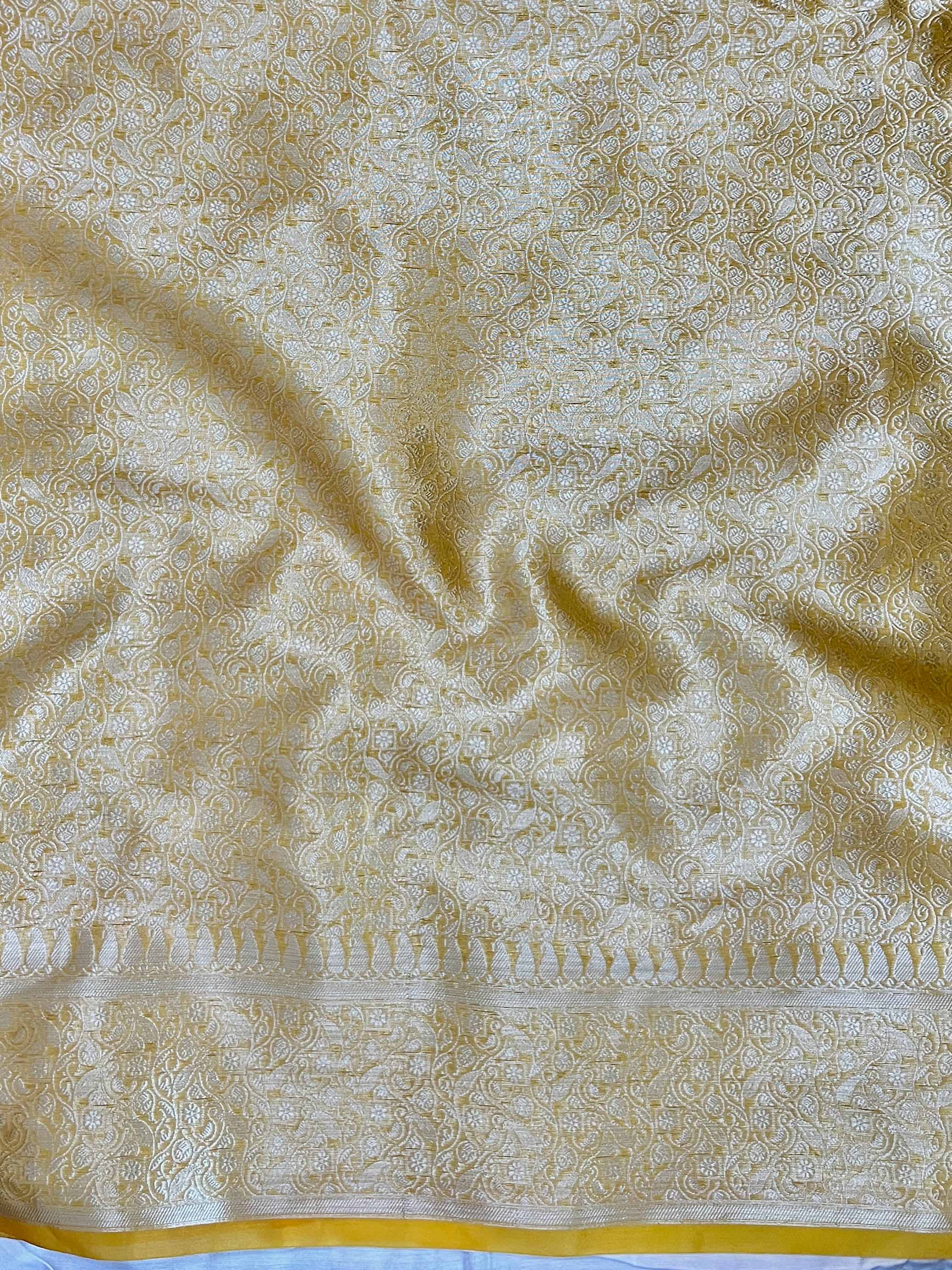 Banarasee Organza Mix Saree With Silver Zari Buti Design & Border-Mustard Yellow