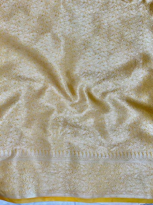Banarasee Organza Mix Saree With Silver Zari Buti Design & Border-Mustard Yellow