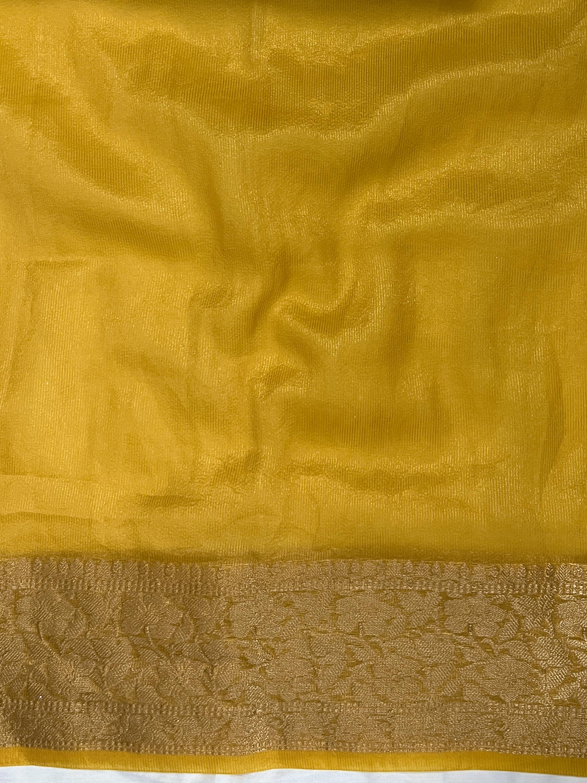 Banarasee Handwoven Plain Tissue Saree With Gold Zari Border & Lace-Yellow