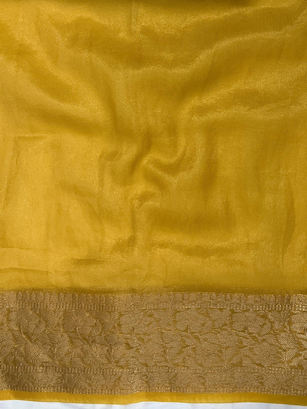 Banarasee Handwoven Plain Tissue Saree With Gold Zari Border & Lace-Yellow
