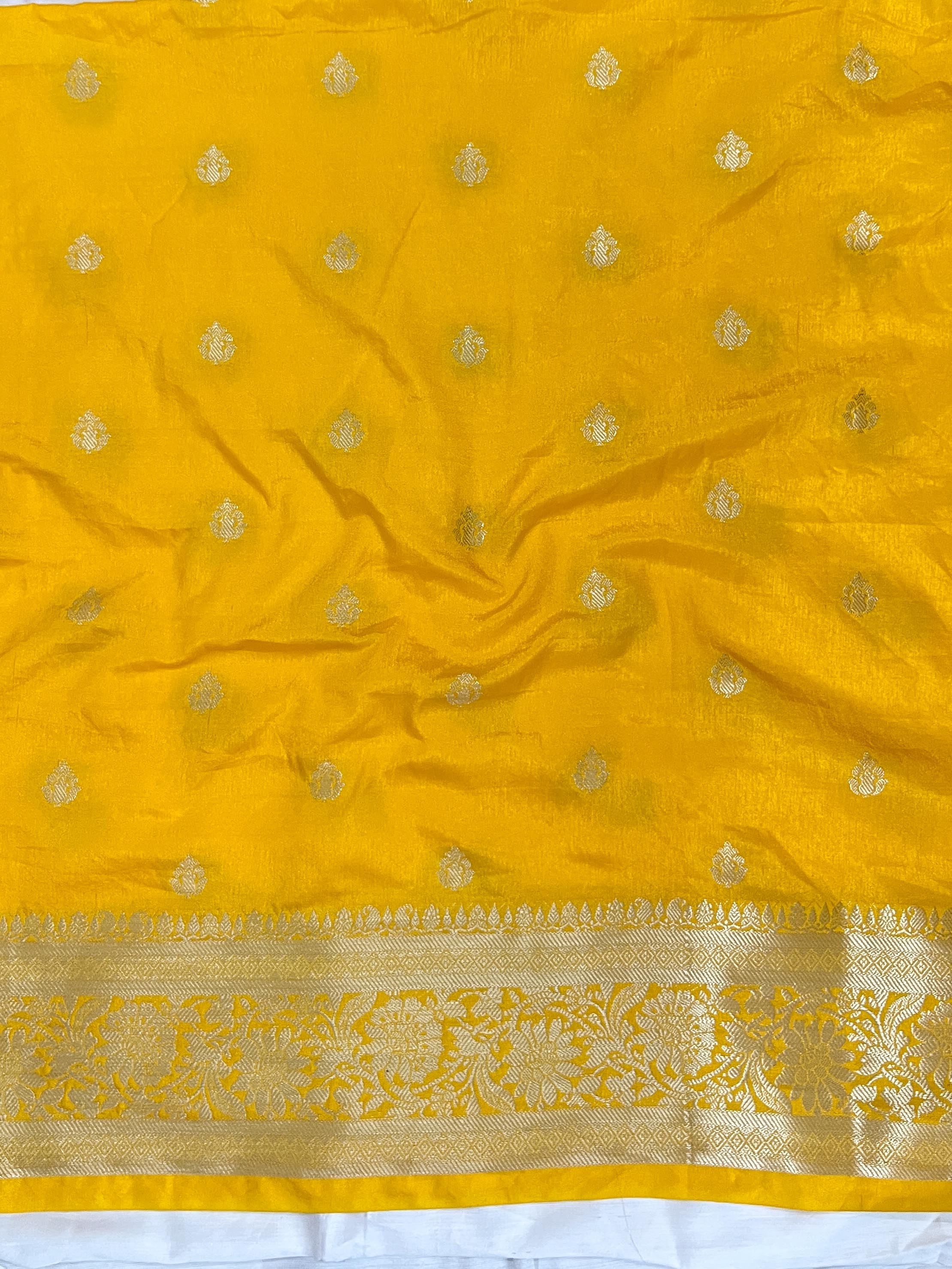 Banarasee Handwoven Semi Silk Saree With Zari Buti Design & Contrast Border-Navy Blue & Yellow