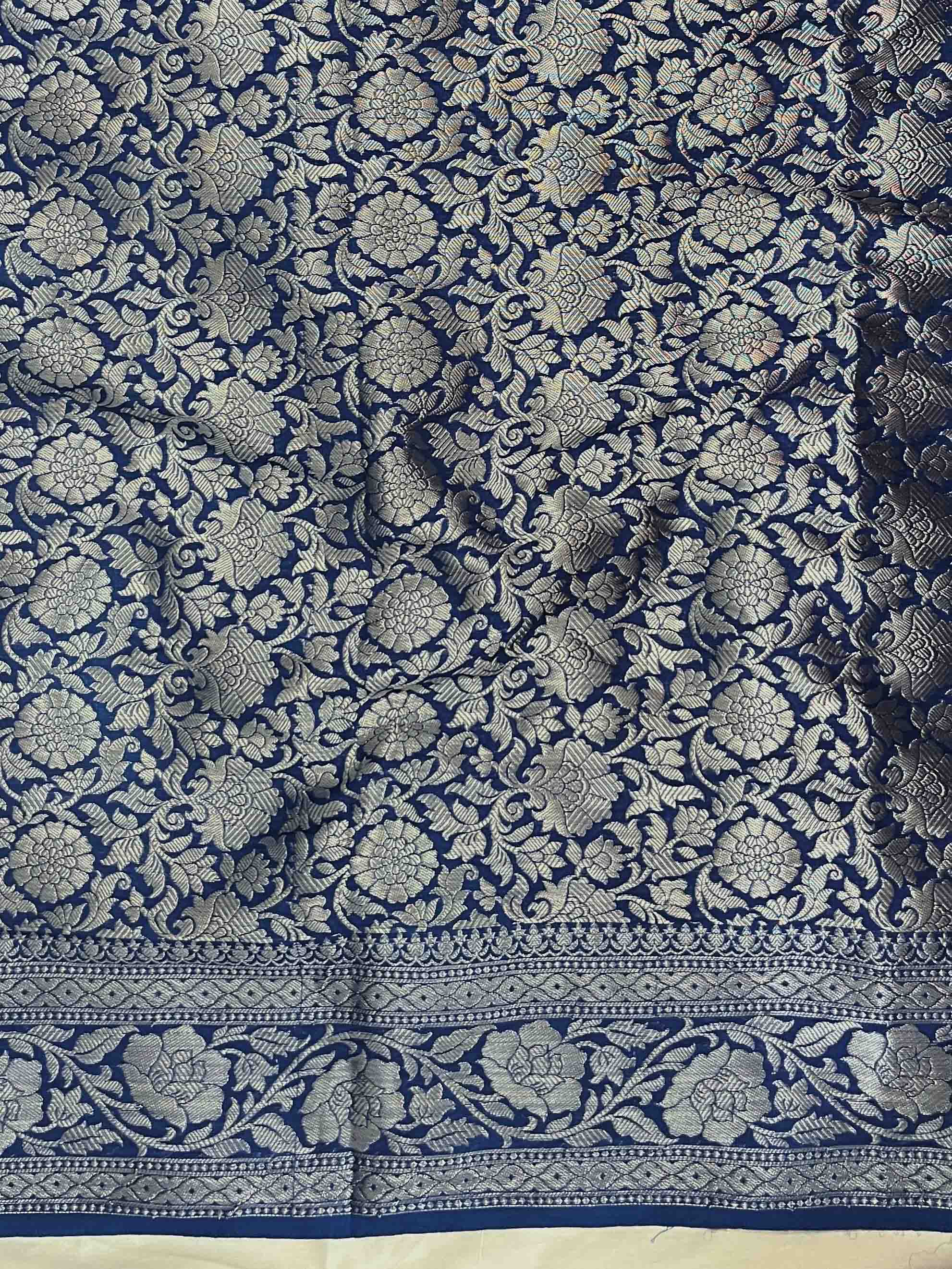 Banarasee Handwoven Plain Semi Silk Saree With Silver Zari Border-Cobalt Blue