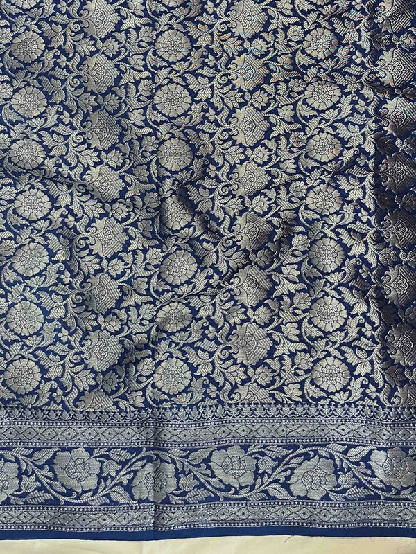 Banarasee Handwoven Plain Semi Silk Saree With Silver Zari Border-Cobalt Blue
