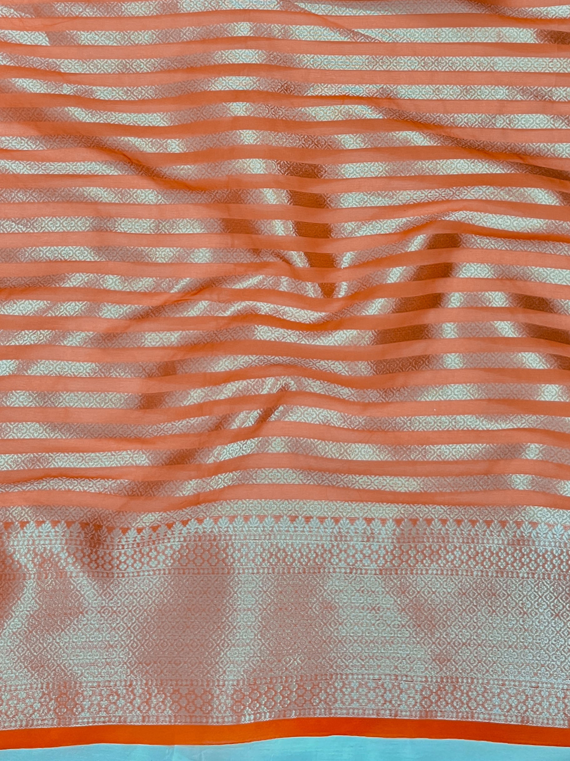 Banarasee Organza Mix Saree With Silver Zari Buti Design & Border-Orange
