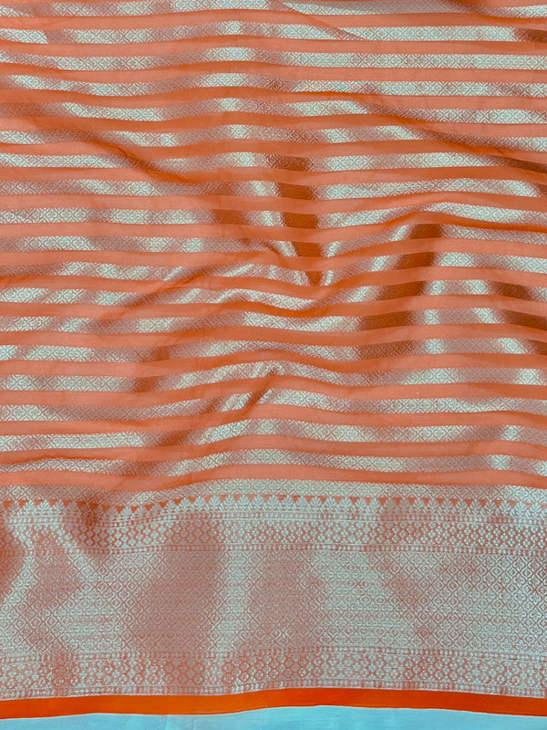 Banarasee Organza Mix Saree With Silver Zari Buti Design & Border-Orange
