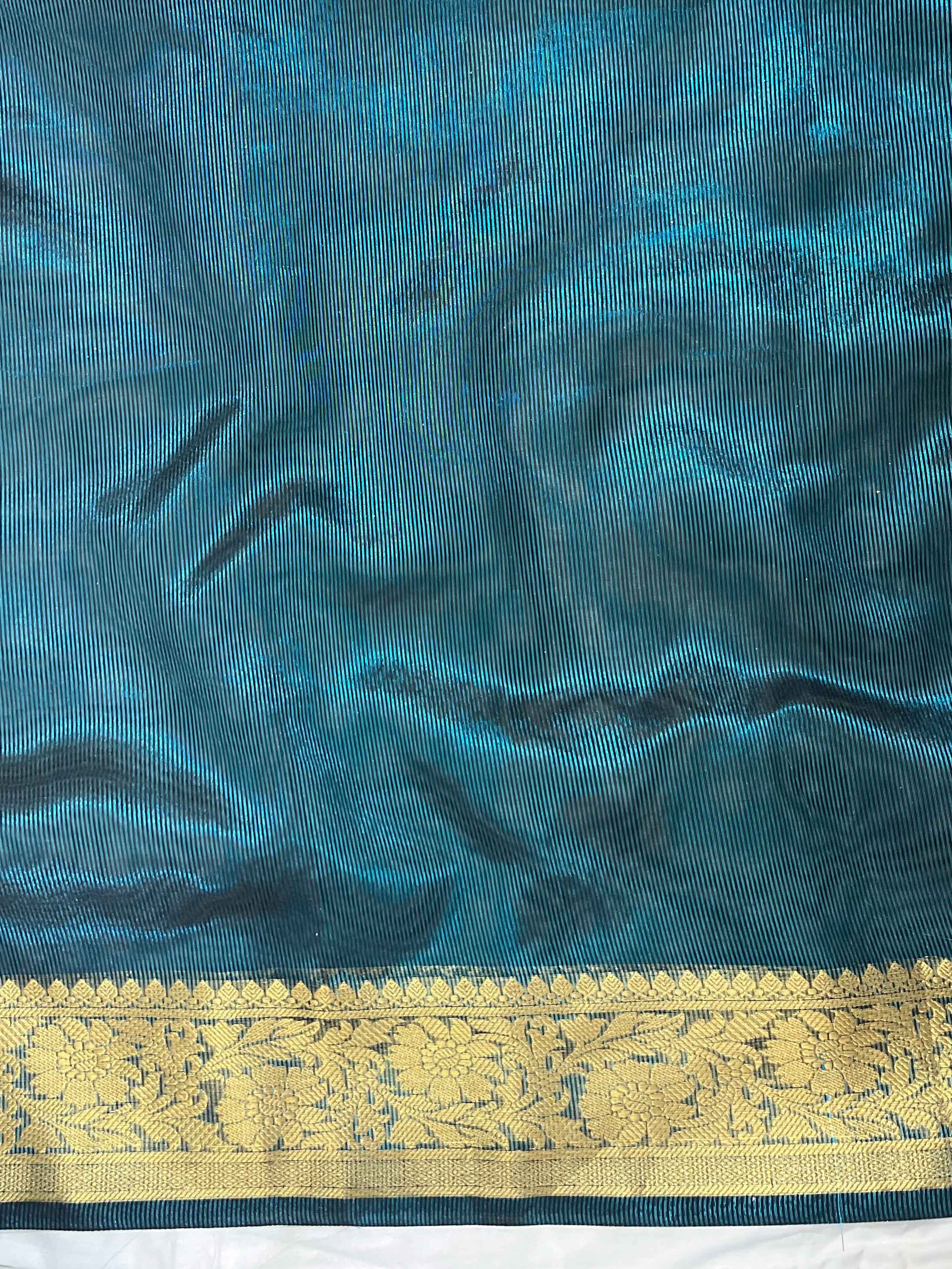 Banarasee Handwoven Dual Color Tissue Saree With Gold Zari Border & Lace-Teal Blue & Black