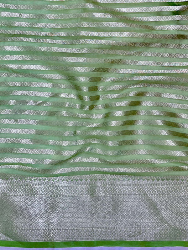 Banarasee Organza Mix Saree With Silver Zari Buti Design & Border-Leaf Green