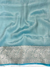 Banarasee Handwoven Plain Tissue Saree With Gold Zari Border & Lace-Sea Blue