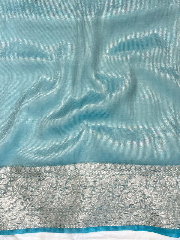 Banarasee Handwoven Plain Tissue Saree With Gold Zari Border & Lace-Sea Blue