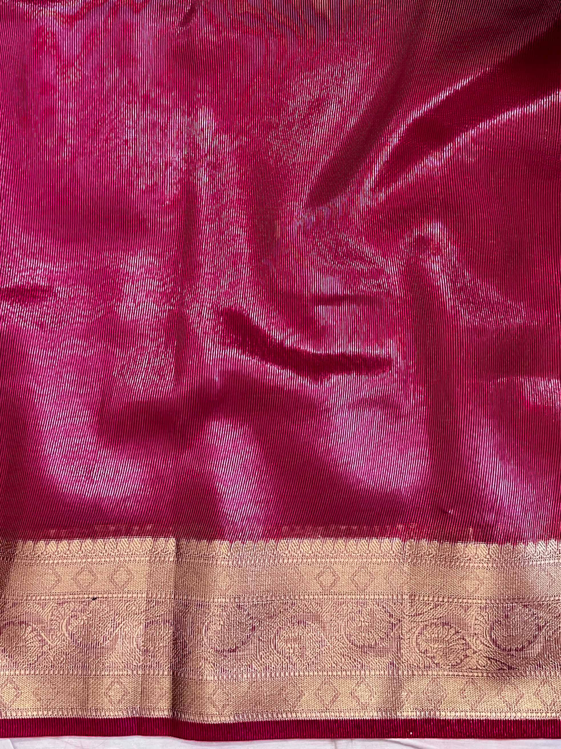 Banarasee Handwoven Tissue Saree With Zari Buti Design Border & Lace-Magenta