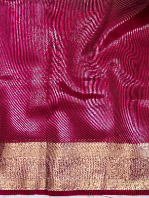 Banarasee Handwoven Tissue Saree With Zari Buti Design Border & Lace-Magenta