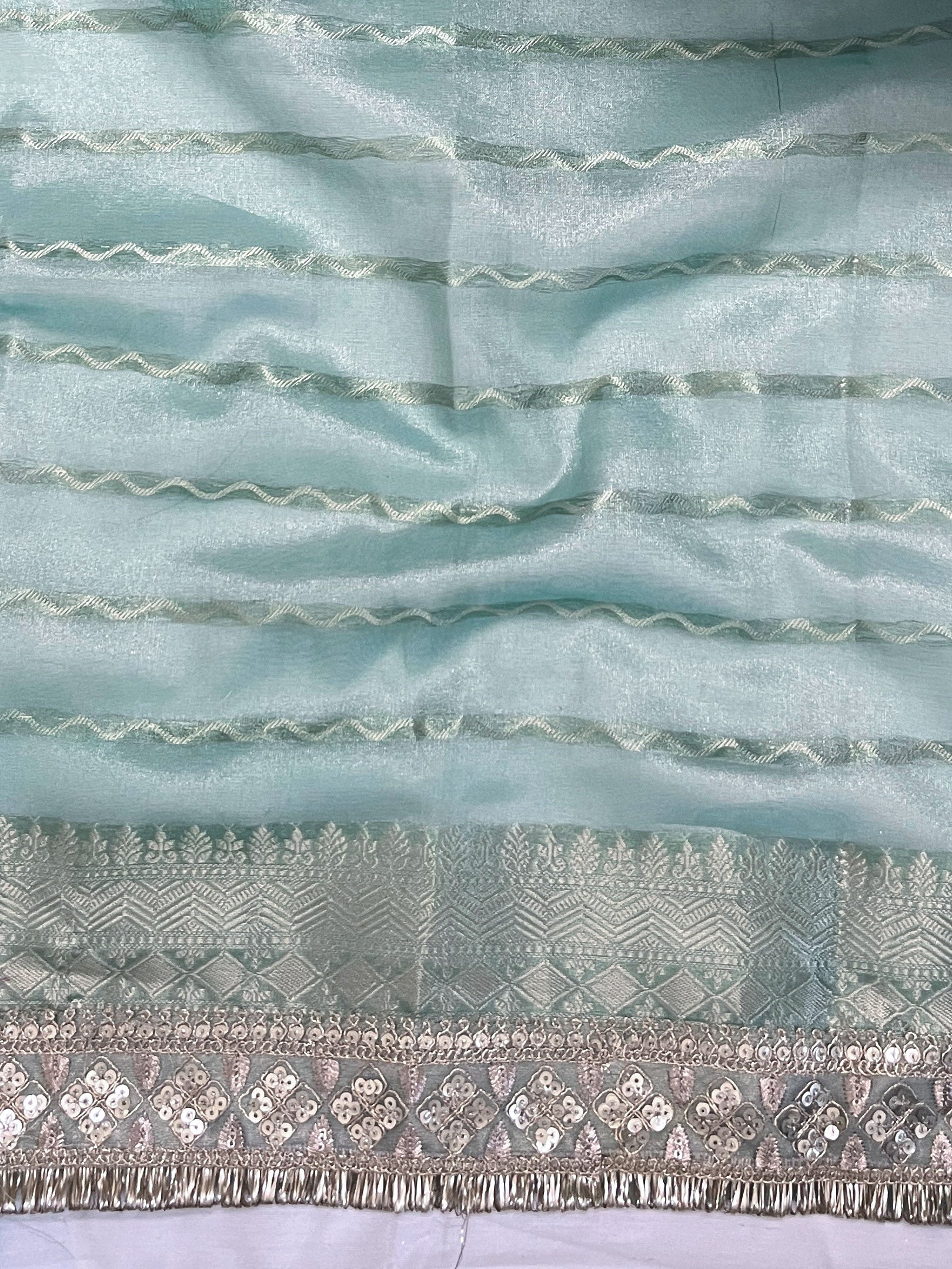 Banarasee Handwoven Tissue Saree With Curve Stripe Pattern Zari Border & Lace-Multicolor