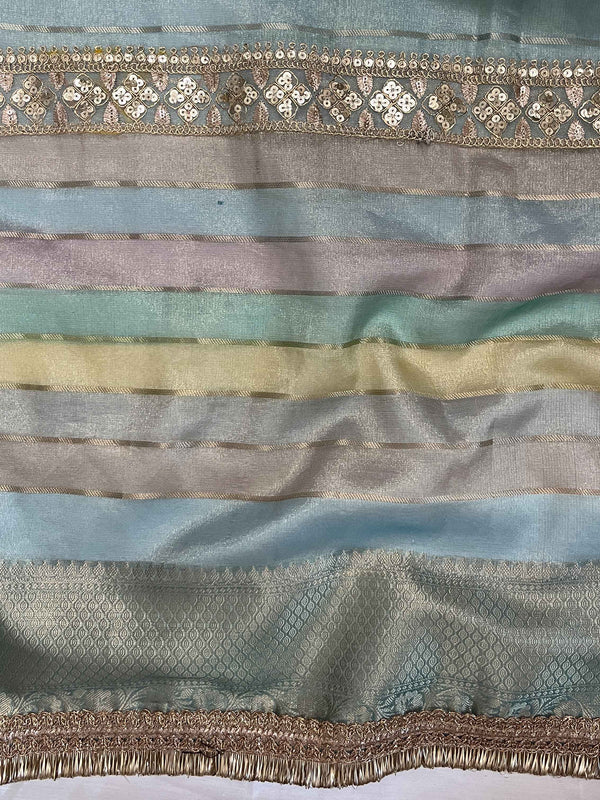 Banarasee Handwoven Tissue Saree With Stripe Pattern Zari Border & Lace-Multicolor