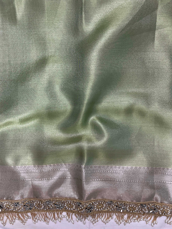 Banarasee Handwoven Tissue Saree With Zari Weaving Design & Lace-Leaf Green