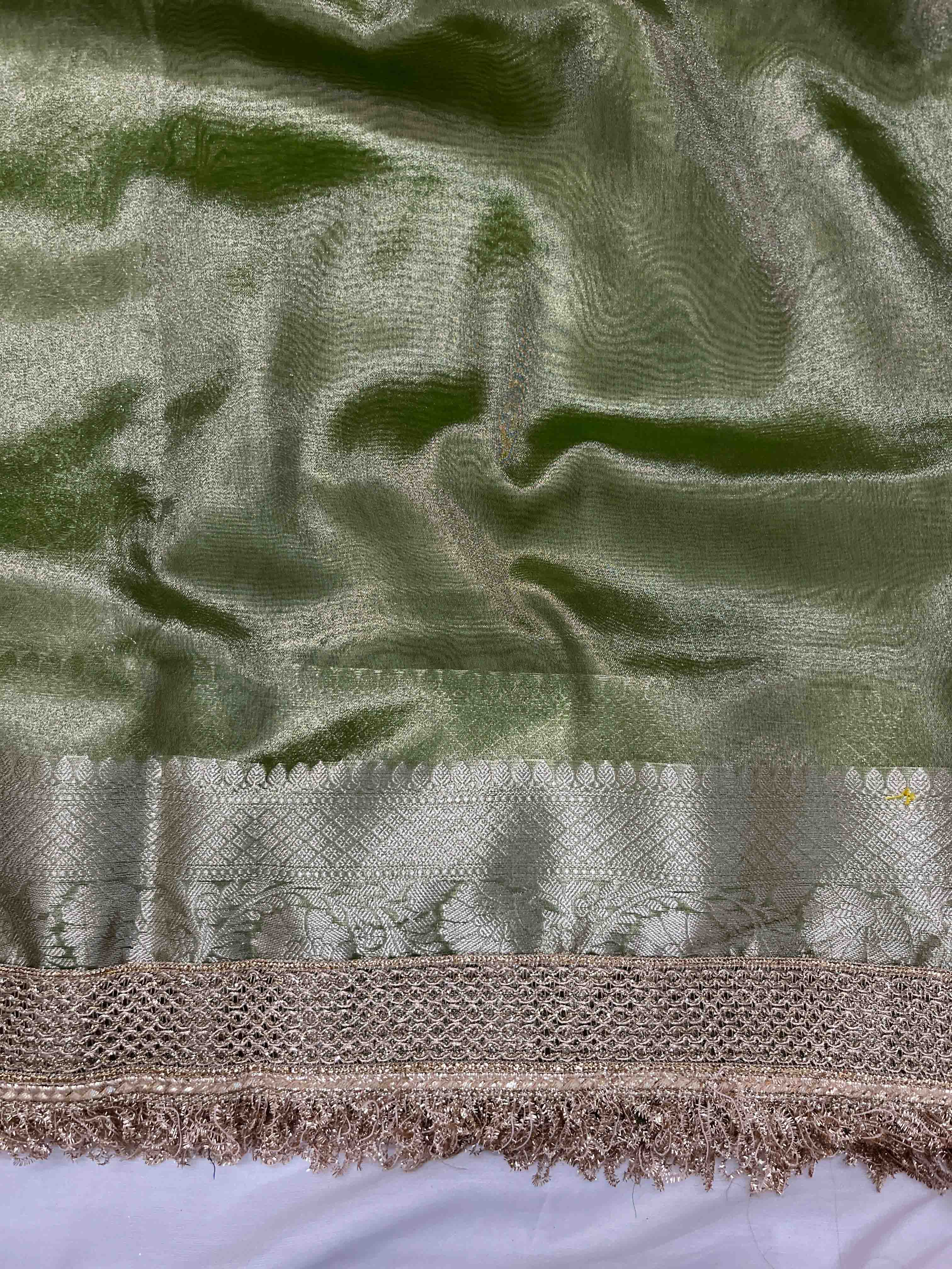 Banarasee Handwoven Plain Tissue Saree With Gold Zari Border & Lace-Light Green
